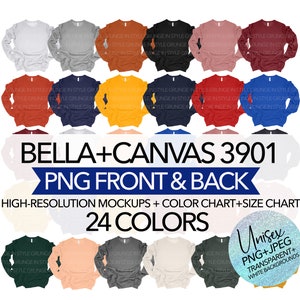 以下が含まれることがあります： Bella + Canvas 3901 のラベルが付いた、24 色の異なる長袖シャツのモックアップ。シャツはグリッドパターンで配置され、すべて半分に折り畳まれています。シャツの下に「PNG Front & Back」というテキストが表示されています。画像の右下隅の円の中に「Unisex PNG + JPEG TRANSPARENT + WHITE BACKGROUNDS」というテキストが表示されています。