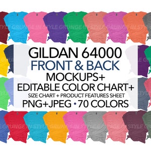 Gildan 64000 recto verso PNG transparent + lot de maquettes JPEG + nuancier modifiable + tableau des tailles 70 couleurs style femme Gildan G640