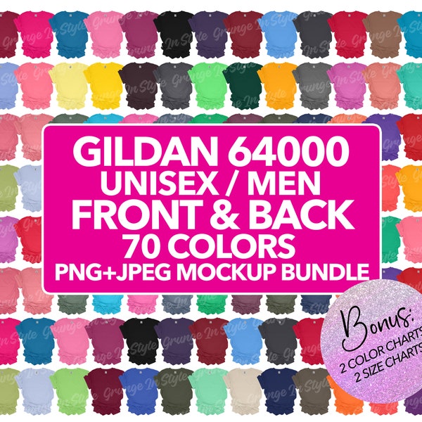 Front And Back Gildan 64000 G640 PNG Mockup Bundle Individual Mockups + Color Chart + Size Chart | Softstyle T-shirt Transparent Background
