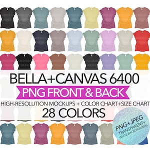 PNG Transparent Bella Canvas 6400 Front & Back Mockup Bundle Women&#39;s T-shirt Mockups 28 Colors + Color Chart + Size Chart | Download
