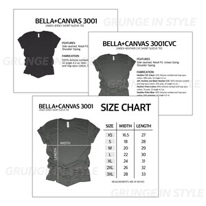 May include: A size chart for Bella + Canvas 3001 unisex short sleeve t-shirts. The chart shows the width and length measurements in inches for sizes XS to 3XL.
