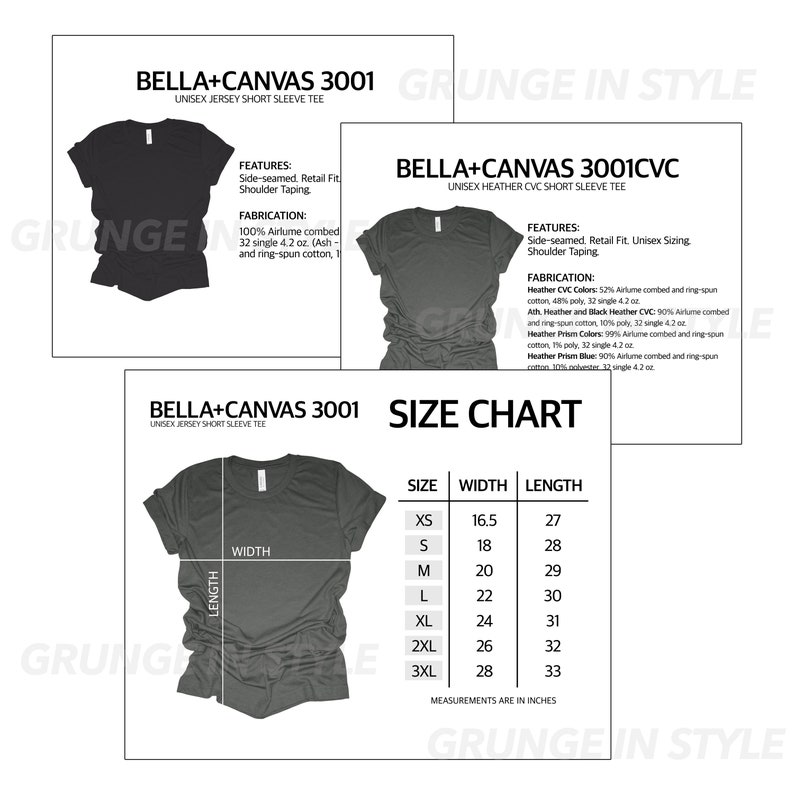May include: A size chart for Bella + Canvas 3001 unisex short sleeve t-shirts. The chart shows the width and length measurements in inches for sizes XS to 3XL.