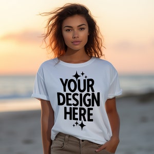Women&#39;s Summer T-shirt Mockup Gildan 64000 G640 White Color Tee Mockup | Outdoor Tshirt Mockup | Women&#39;s Gildan g640 T-shirt Mockup JPEG