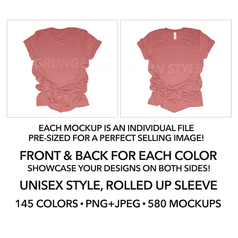May include: Mockup of a unisex t-shirt with rolled up sleeves. The t-shirt is shown in a dusty rose color. The image shows both the front and back of the shirt.  Each mockup is an individual file, pre-sized for a perfect selling image.  145 colors, PNG+JPEG, 580 mockups.