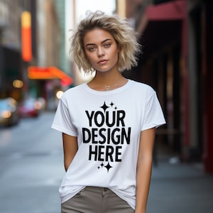 White Gildan 64000 Women&#39;s T-shirt Mockup: New York Theme (JPEG)