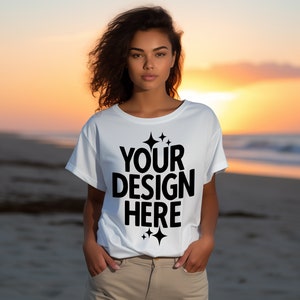 White Gildan 64000 T-shirt Mockup: Sunset Beach Theme (JPEG Download)