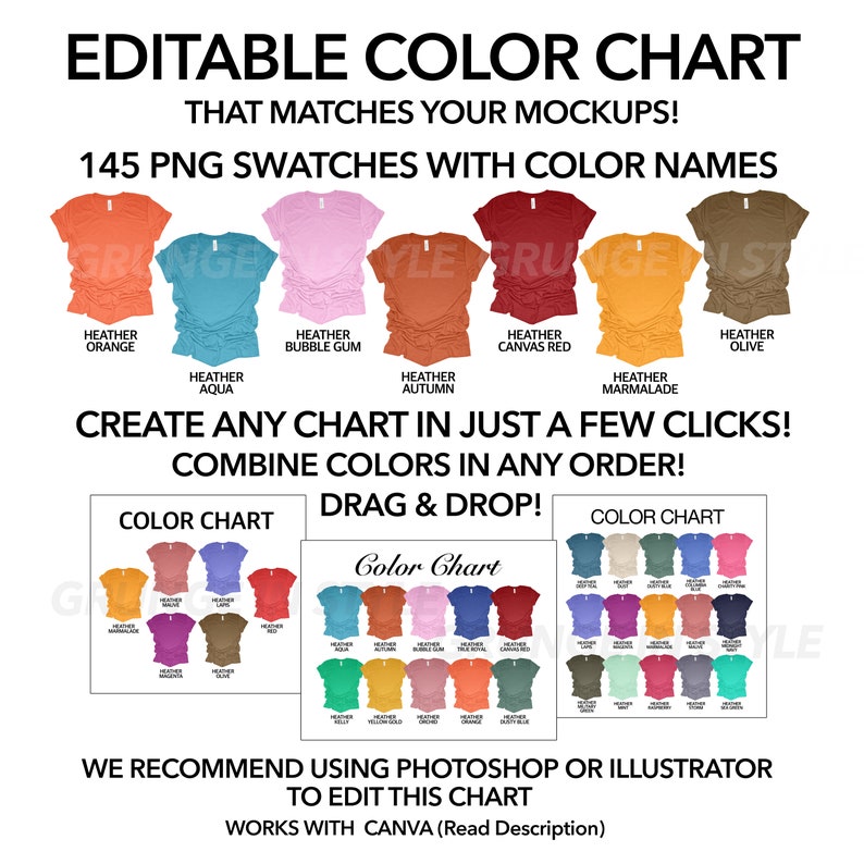 May include: Editable color chart for mockups with 145 PNG swatches. The chart features a variety of heather colors, including orange, aqua, bubble gum, canvas red, olive, and autumn. The text "Create any chart in just a few clicks! Combine colors in any order! Drag & Drop!" is displayed below the color swatches. The chart is designed to be used with Photoshop or Illustrator and works with Canva.