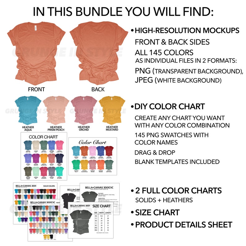 May include: A bundle of digital resources for creating t-shirt designs. Includes high-resolution mockups of a t-shirt in various colors, a color chart with 145 swatches, two full color charts, a size chart, and a product details sheet.