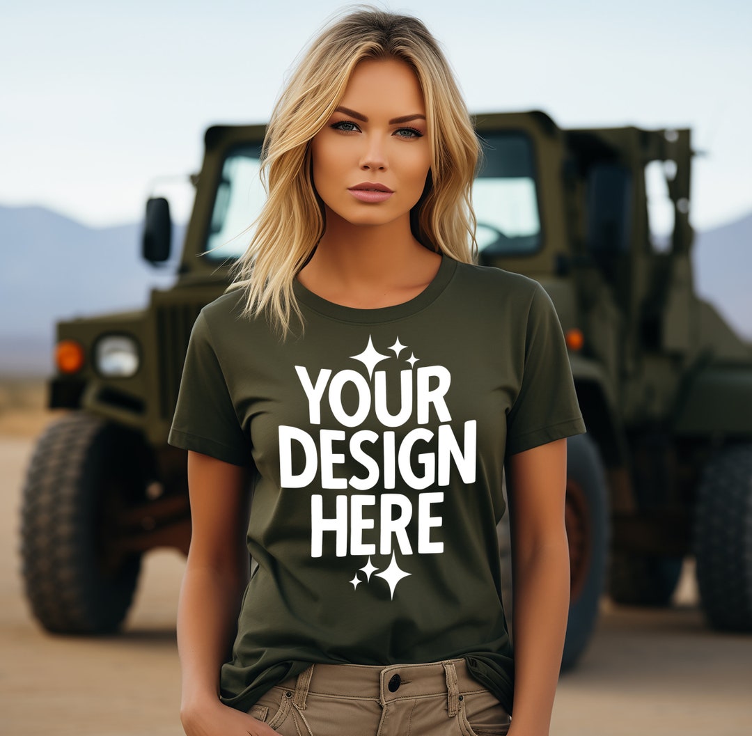 Military Green Tshirt Mockup Women's Gildan 64000 G640 Tshirt Mockup
