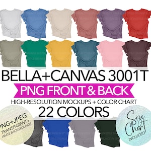 Pu&ograve; includere: Un set di 22 mock-up di t-shirt Bella + Canvas 3001T in vari colori. Le mock-up sono PNG e JPEG ad alta risoluzione con sfondi trasparenti. L'immagine include una tabella delle taglie.