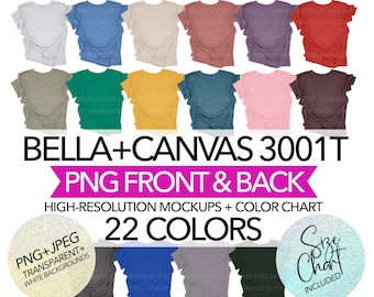 以下が含まれることがあります： さまざまな色の Bella + Canvas 3001T Tシャツのモックアップ 22 個セット。モックアップは、高解像度の PNG と JPEG で、透明な背景になっています。画像にはサイズ表が含まれています。