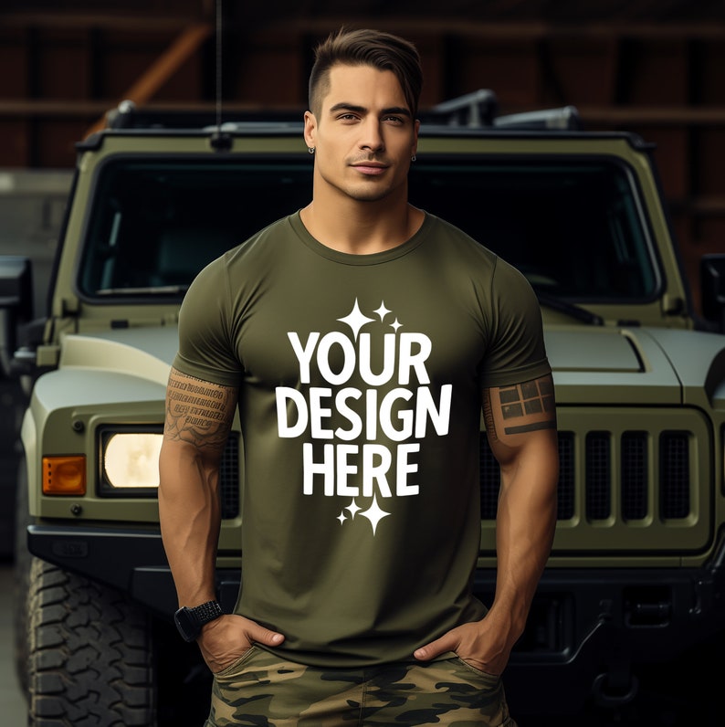 Gildan 64000 Military Green Color Tshirt Mockup Men's G640 Tshirt