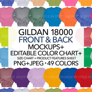 Gildan 18000 Front & Back PNG Transparent + JPEG Mockup Bundle + Editable Color Chart + Size Chart 49 Colors Unisex Style Gildan G180
