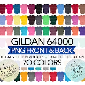 Gildan 64000 Voor- en achterkant transparant PNG + JPEG mockupbundel + bewerkbare kleurenkaart + maattabel 70 kleuren uniseks stijl Gildan G640