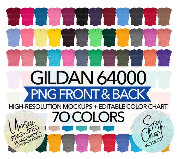 Gildan 64000 Mockup Bundle: Front & Back, 70 Colors (PNG, JPEG)