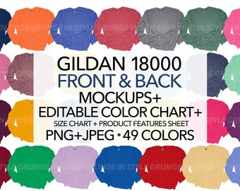 Puede incluir: Una maqueta de una camiseta de manga larga Gildan 18000 en 49 colores diferentes. La imagen muestra la parte delantera y trasera de la camiseta, con el texto "Gildan 18000 Front & Back Mockups+ Editable Color Chart+ Size Chart + Product Features Sheet PNG+JPEG 49 Colors" mostrado debajo.