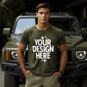Military Green T-shirt Mockup: Gildan 64000 Athletic Fit (JPEG Digital Download)