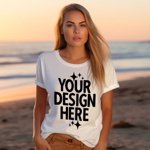 Women&#39;s White T-shirt Mockup Gildan 64000 G640 Tee Mockup | Women&#39;s Beach T-shirt Digital Mockup | Print On Demand Mockup G640 White