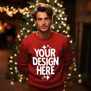 Maqueta de sudadera navideña: Gildan 18000, modelo masculino (descarga JPEG)