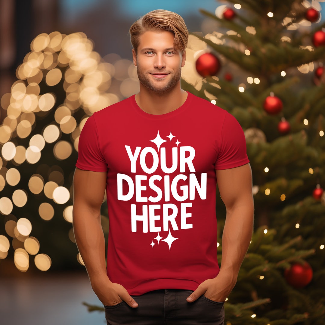 Men's Red Color Christmas T-shirt Mockup Bella Canvas 3001 Men's T ...