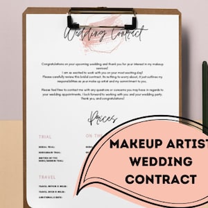 May include: A pink and white wedding contract for a makeup artist. The contract includes a section for trial makeup services and travel fees. The text reads "Makeup Artist Wedding Contract".