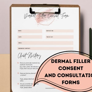 Dermal Filler Consent and Consultation Form, printable digital download. 3 forms including health review, consent form and consultation.