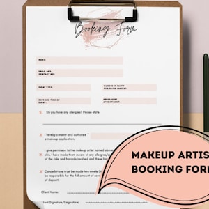Peut inclure: Un formulaire de réservation pour maquilleur imprimable avec un design rose et or. Le formulaire comprend des champs pour le nom du client, l'adresse e-mail, le numéro de téléphone, le type d'événement, la date et l'heure de l'événement, le nombre de personnes dans le groupe nécessitant un maquillage, l'adresse du rendez-vous et les allergies. Le formulaire comprend également une section pour que le client consente à l'application de maquillage et une section pour la signature du client.
