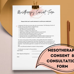 Mesotherapy Consent and Consultation Form. 4 pages, including health review, consent and consultation. Digital Printable Download