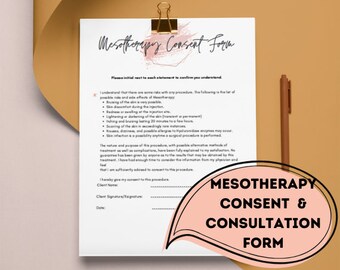 Mesotherapy Consent and Consultation Form. 4 pages, including health review, consent and consultation. Digital Printable Download