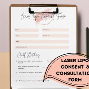 Laser Lipo Consent and Consultation Form. 4 pages, including health review, consent and consultation. Digital Printable Download