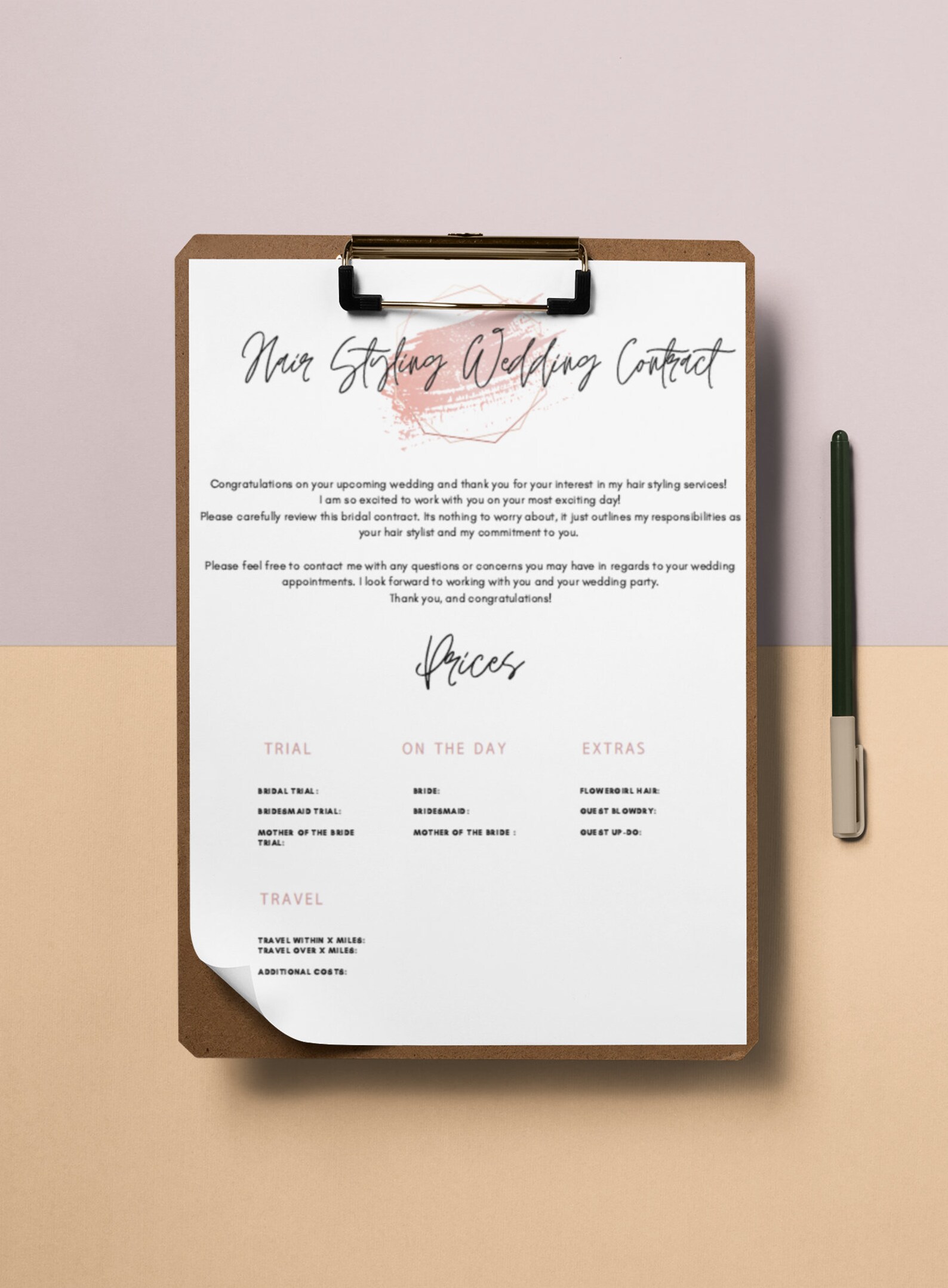 Bridal Hair Stylist Wedding Contract. Digital Download and Etsy UK