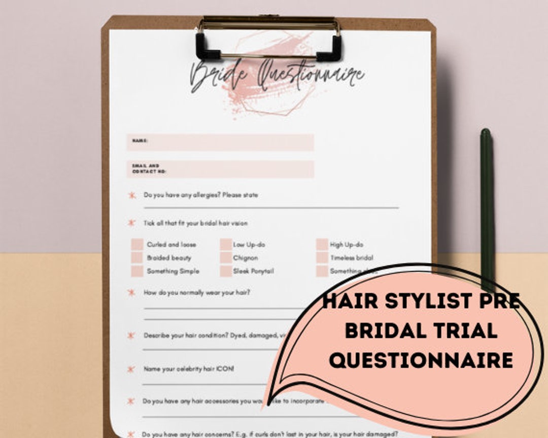 Pre Bridal Trial Questionnaire for Hair Stylists. Digital Printable Download. Perfect for