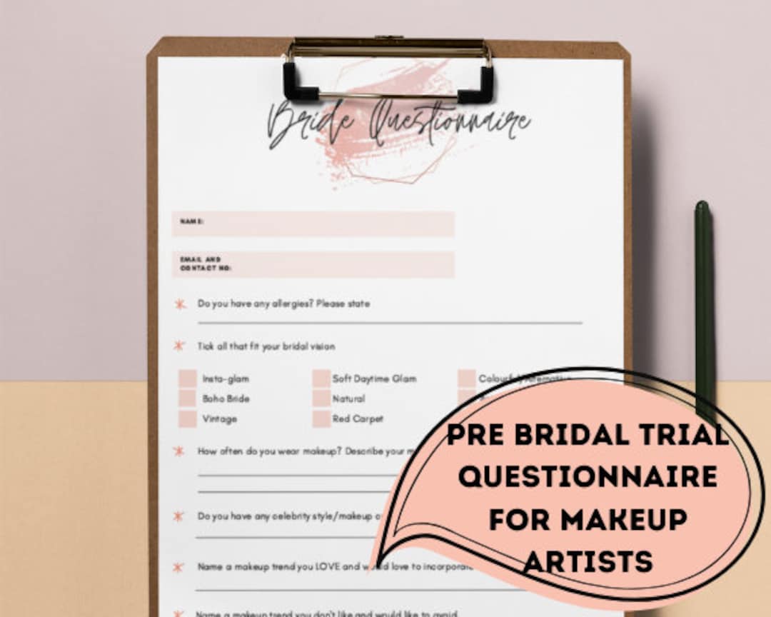 Pre Bridal Trial Questionnaire for Makeup Artists. Digital Etsy UK