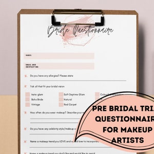 Cuestionario previo al ensayo nupcial para maquilladores. Descarga digital imprimible. ¡Perfecto para maquilladores de bodas para pruebas!