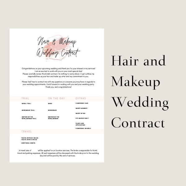 Hair and Makeup Artist Bridal Wedding Contract. 5 pages - digital printable download. Canva compatible