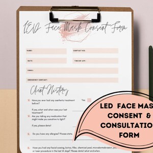 Op de afbeelding: Een wit LED-gezichtsmasker toestemmings- en consultatieformulier met een roze en gouden geometrisch ontwerp. Het formulier bevat vragen over eerdere esthetische behandelingen, allergieën en medicijnen.