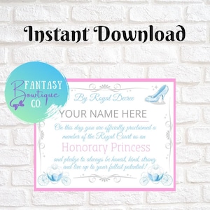 Cinderella Inspired Certificate | Princess Certificate | Instant Download | Party Favor