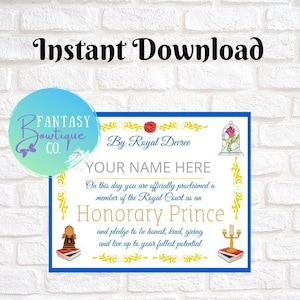 Beauty and the Beast Party | Prince Certificate | Princess Certificate | Instant Download | Party Favor