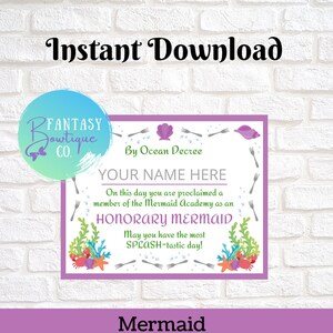 Mermaid Party | Ariel Certificate | Princess Certificate | Instant Download | Party Favor