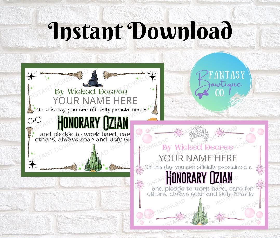 Wicked Party | Elphaba Glinda Inspired Certificate | Princess Certificate | Instant Download | Party Favor