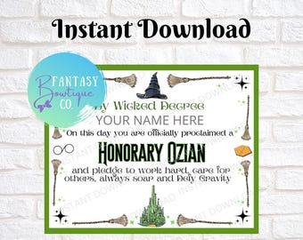 Wicked Party | Elphaba Inspired Certificate | Princess Certificate | Instant Download | Party Favor