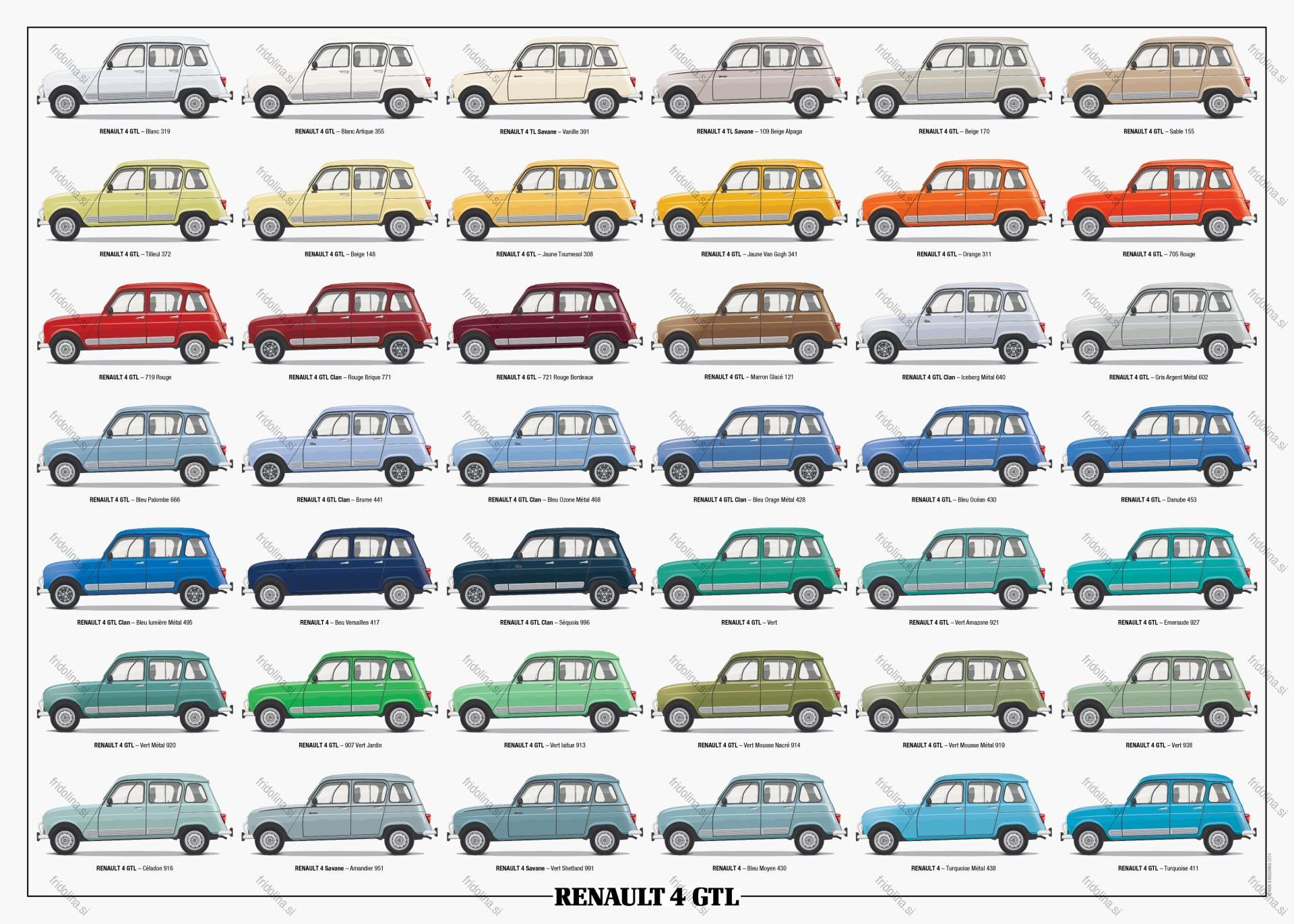 Renault 4 GTL Poster of 42 Colours - Digital Illustration to Print
