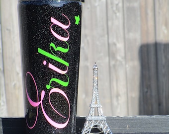 24oz AKA Inspired Black Tumbler with Pink and Green Glitter