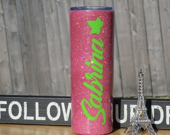 Pink Glitter Tumbler with Green Writing
