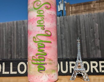 Pink and Green Custom Alcohol Ink/Mica Swirl Tumbler, Alpha Kappa Alpha inspired Stainless Steel Tumbler FREE SHIPPING