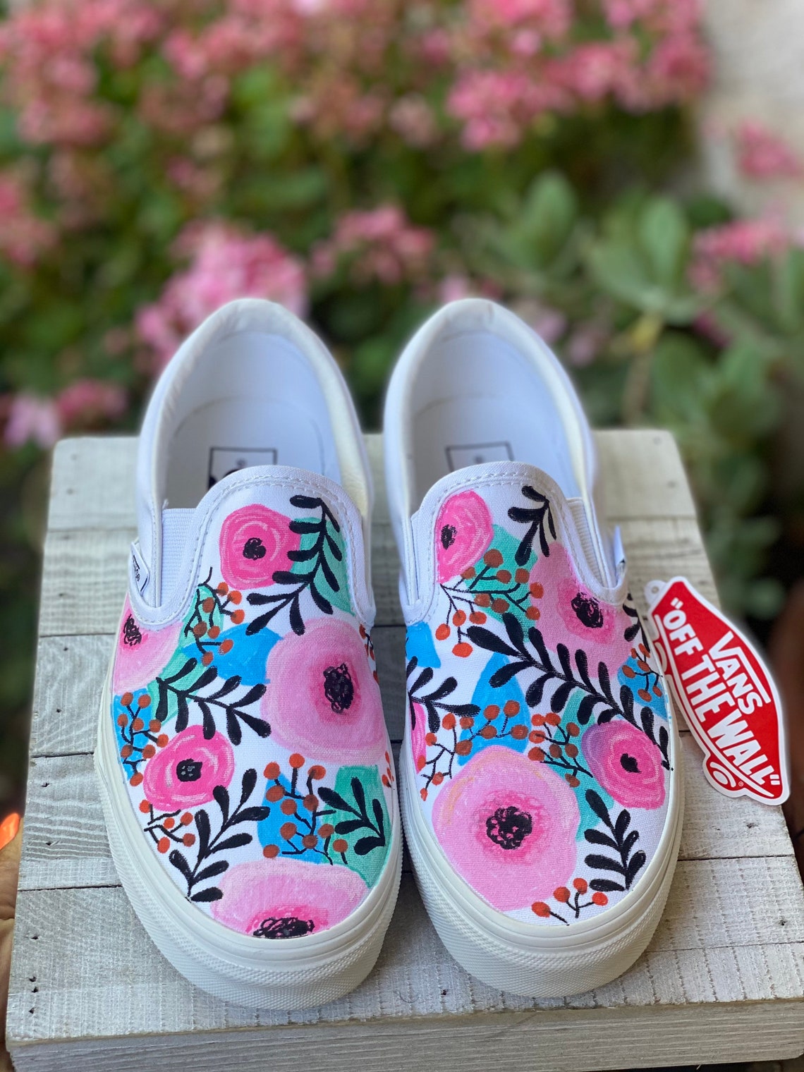 Custom Floral slip on vans | Etsy