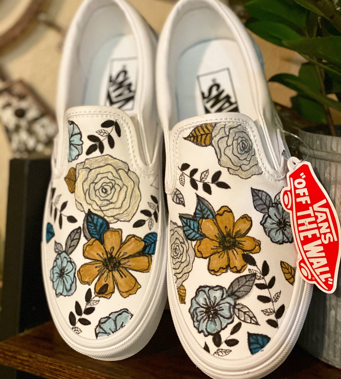 Womens hand painted floral slip on vans. | Etsy