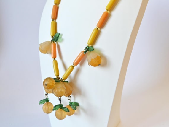 Vintage Fruit Salad Necklace • 1950s • Plastic citrus fruits • Frosted glass look • Yellow & orange beads