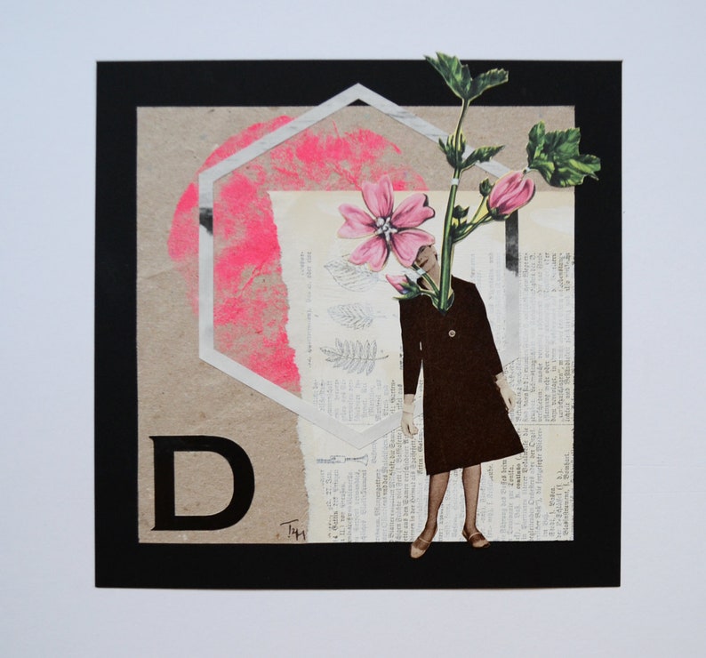 Original Collage Artwork Plant Lady D, mixed Media, handsigniert, Kunst für die Wand, Retro Bild 1