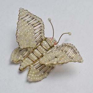 Vintage very old handmade glass bead brooch butterfly white